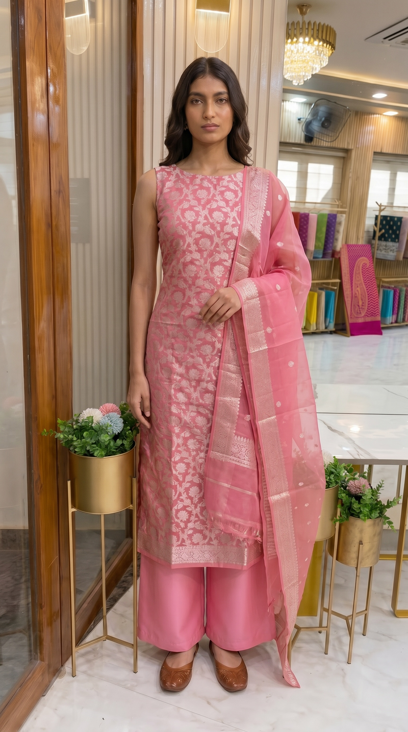 Pink Pure Khaddi Georgette Banarasi Dress material
