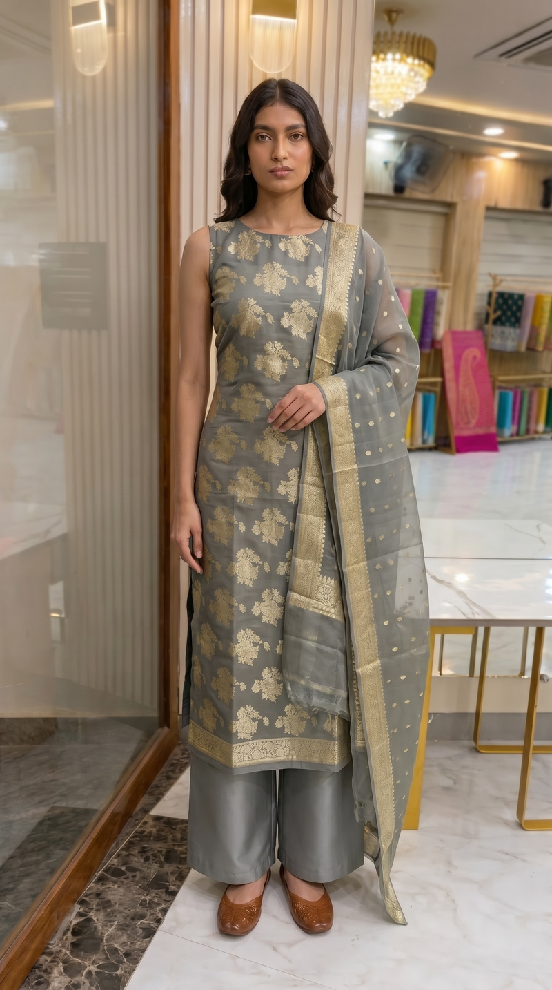 Mouse Grey Khaddi Georgette Banarasi Dress material