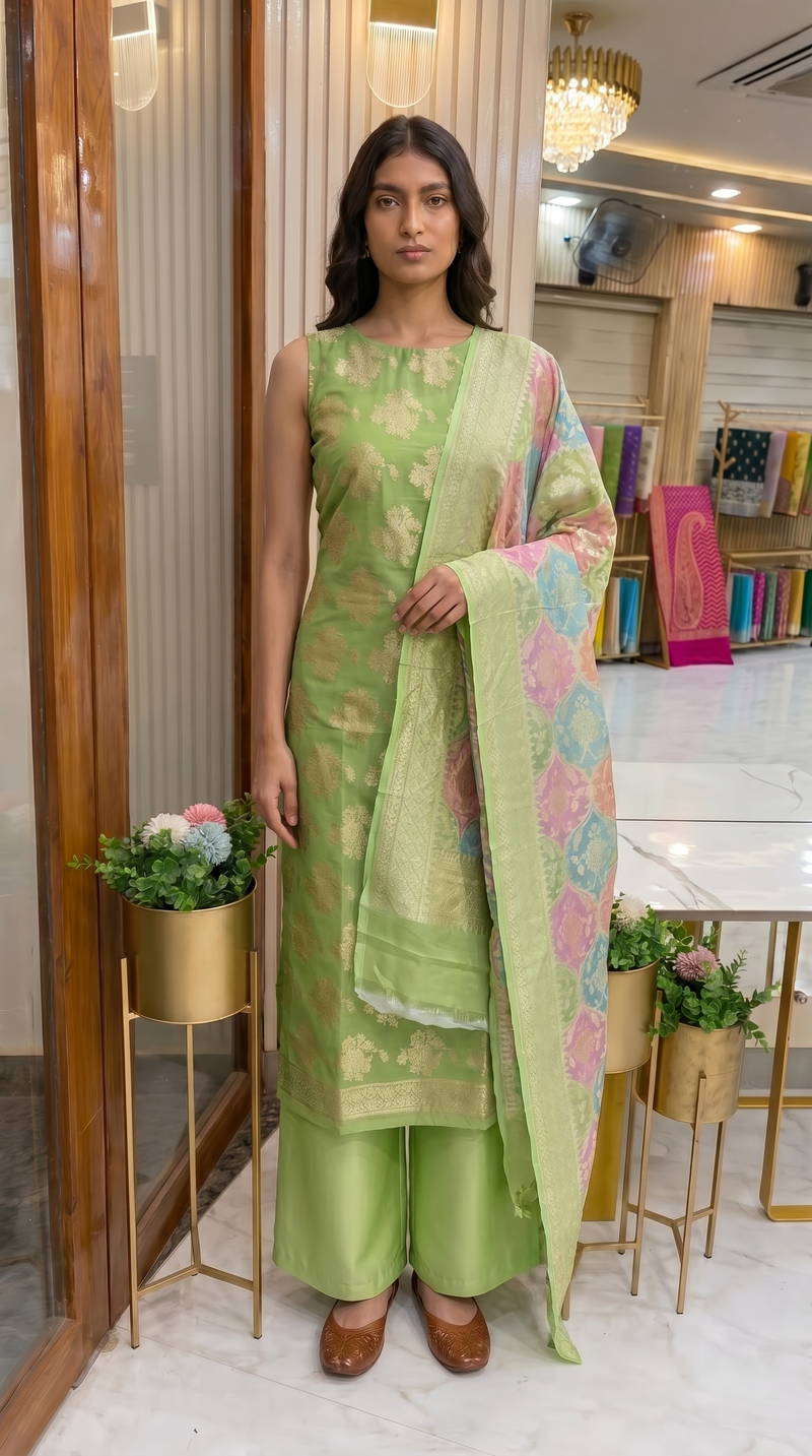 Pista Pure Khaddi Georgette Banarasi Dress material with Rangkat Dupatta