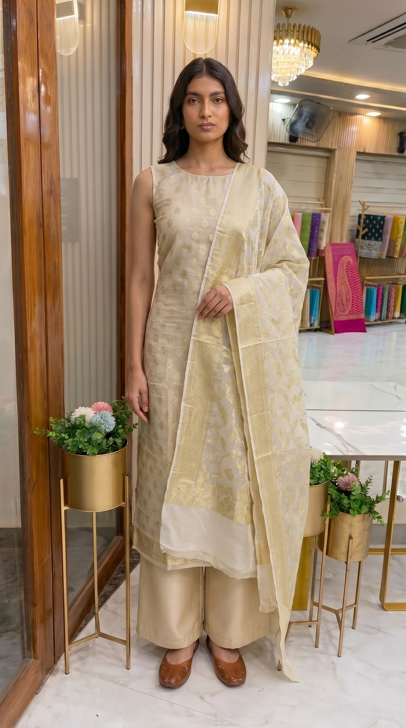 Tissue Handloom Banarasi Dress material with Khaddi Georgette Dupatta