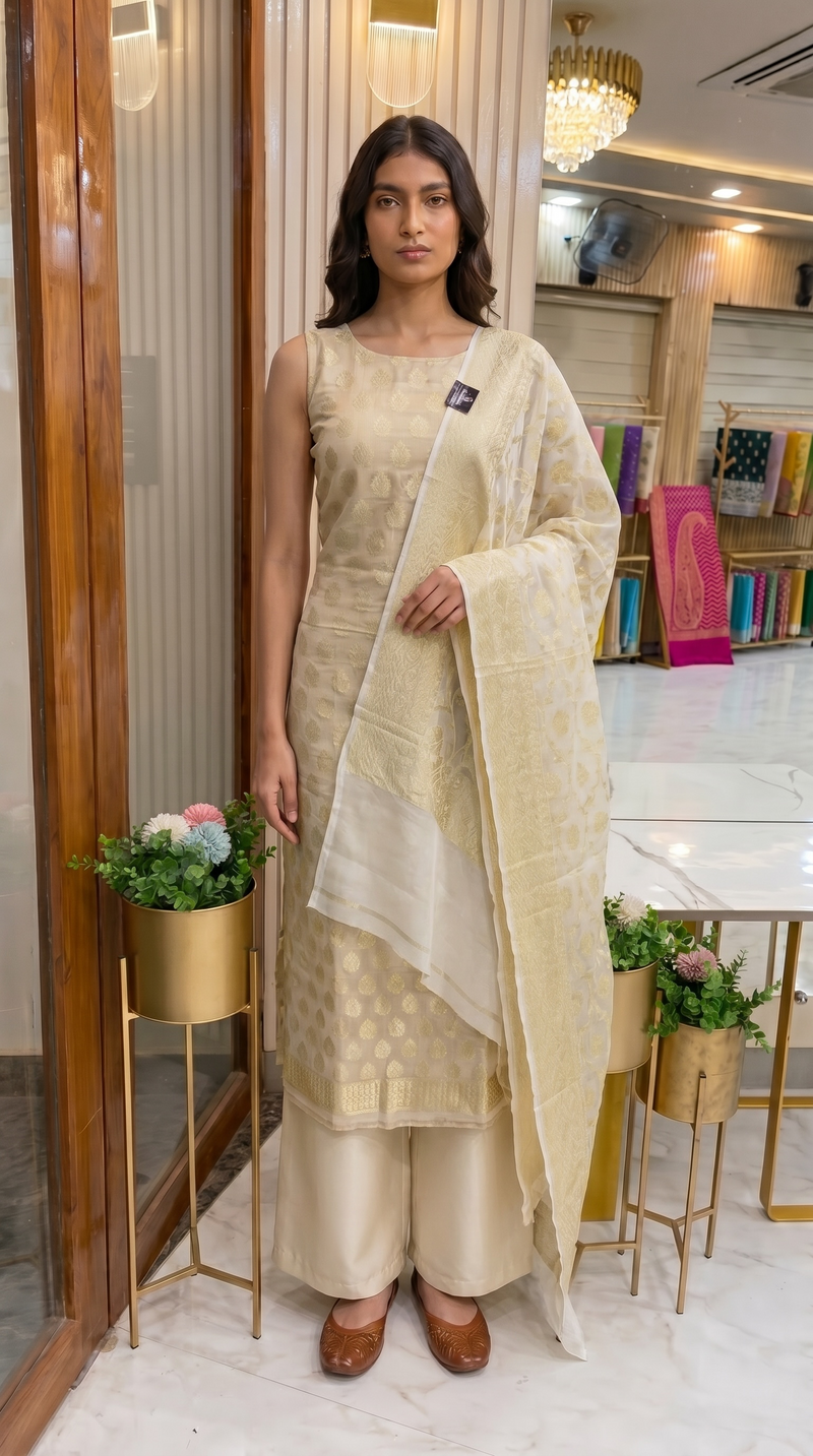Tissue Handloom Banarasi Dress material with Khaddi Georgette Dupatta