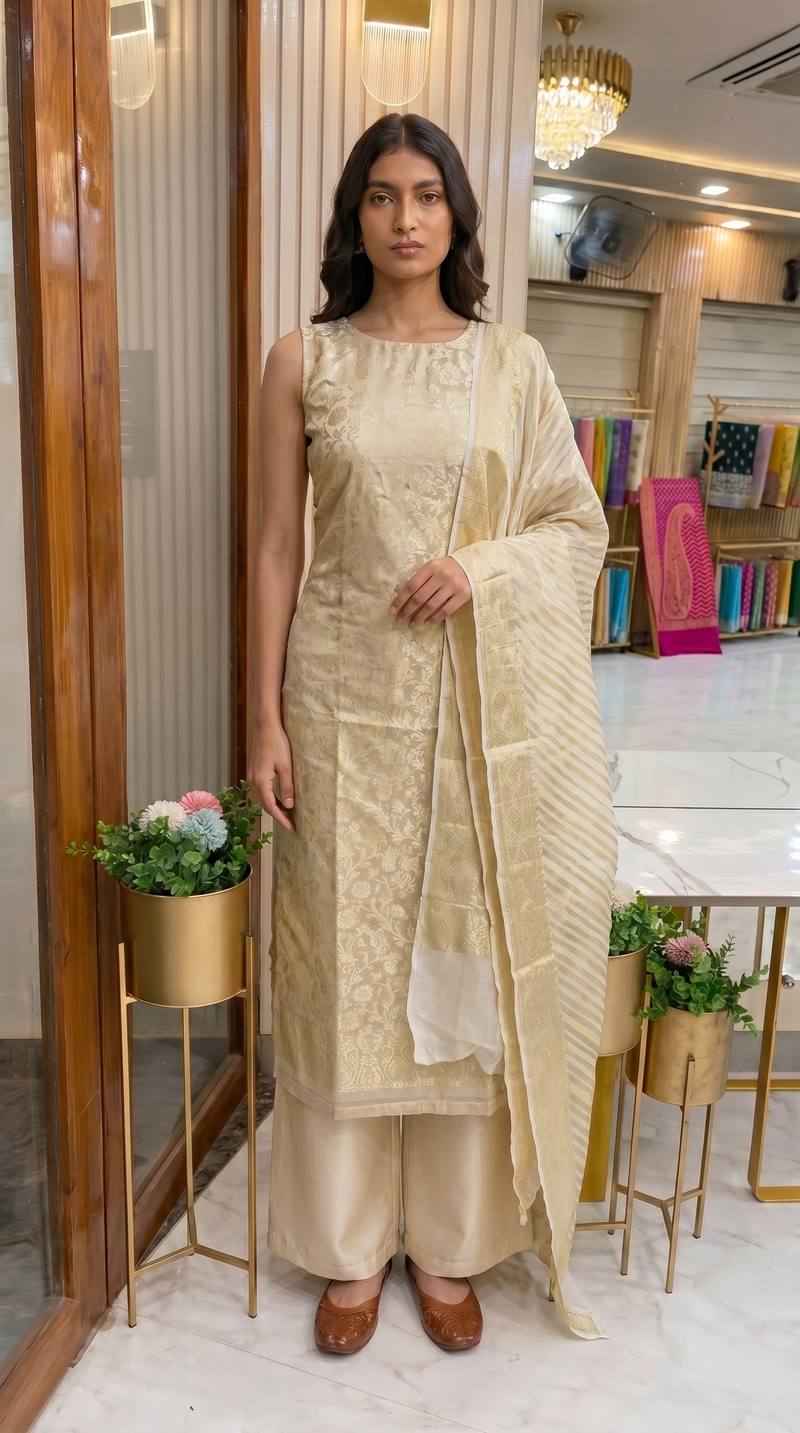 Tissue Handloom Banarasi Dress material with Khaddi Georgette Dupatta