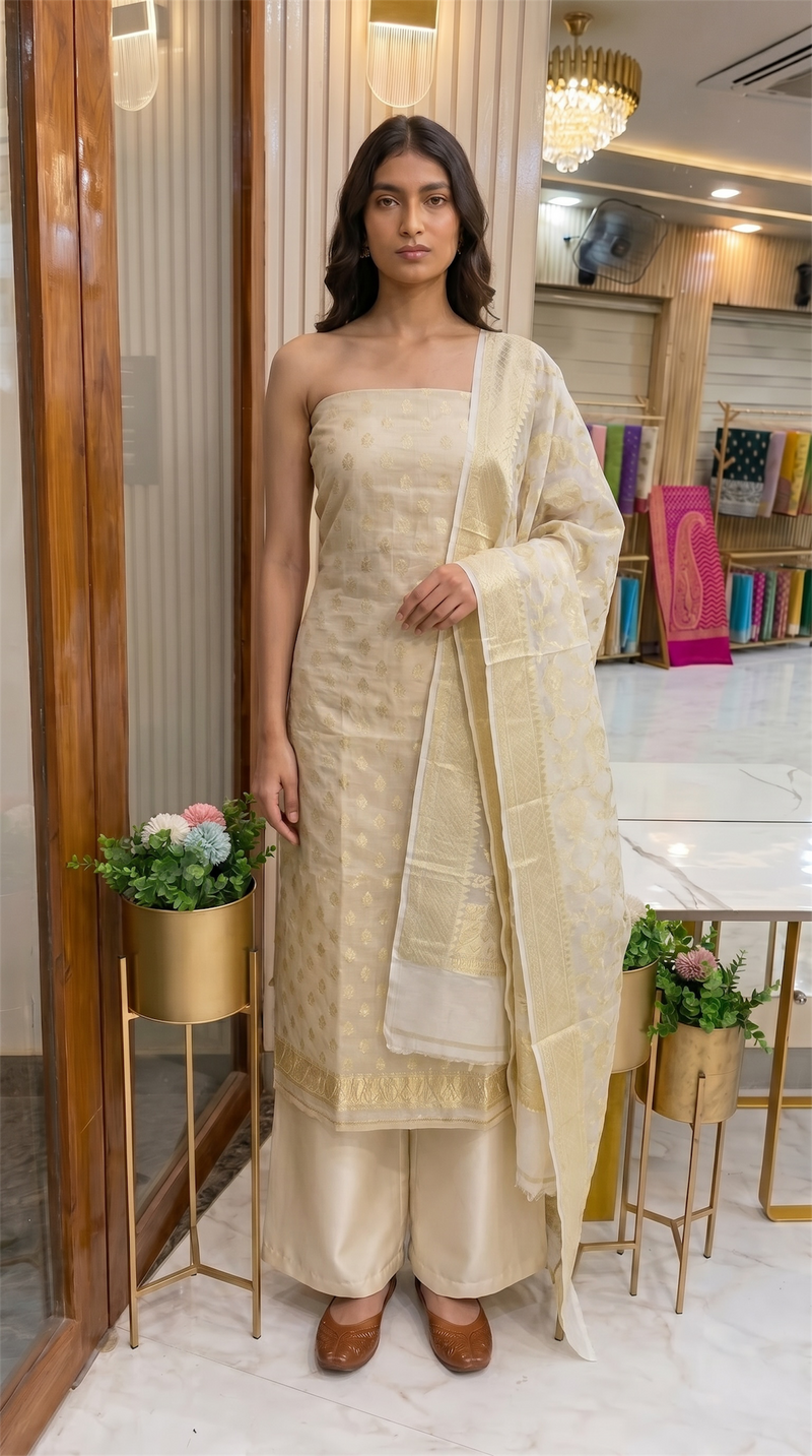 Tissue Handloom Banarasi Dress material with Khaddi Georgette Dupatta