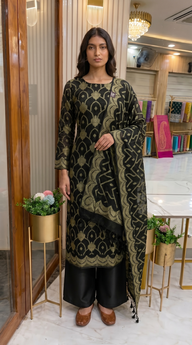 Black Pure Chiffon Khaddi Banarasi Dress material