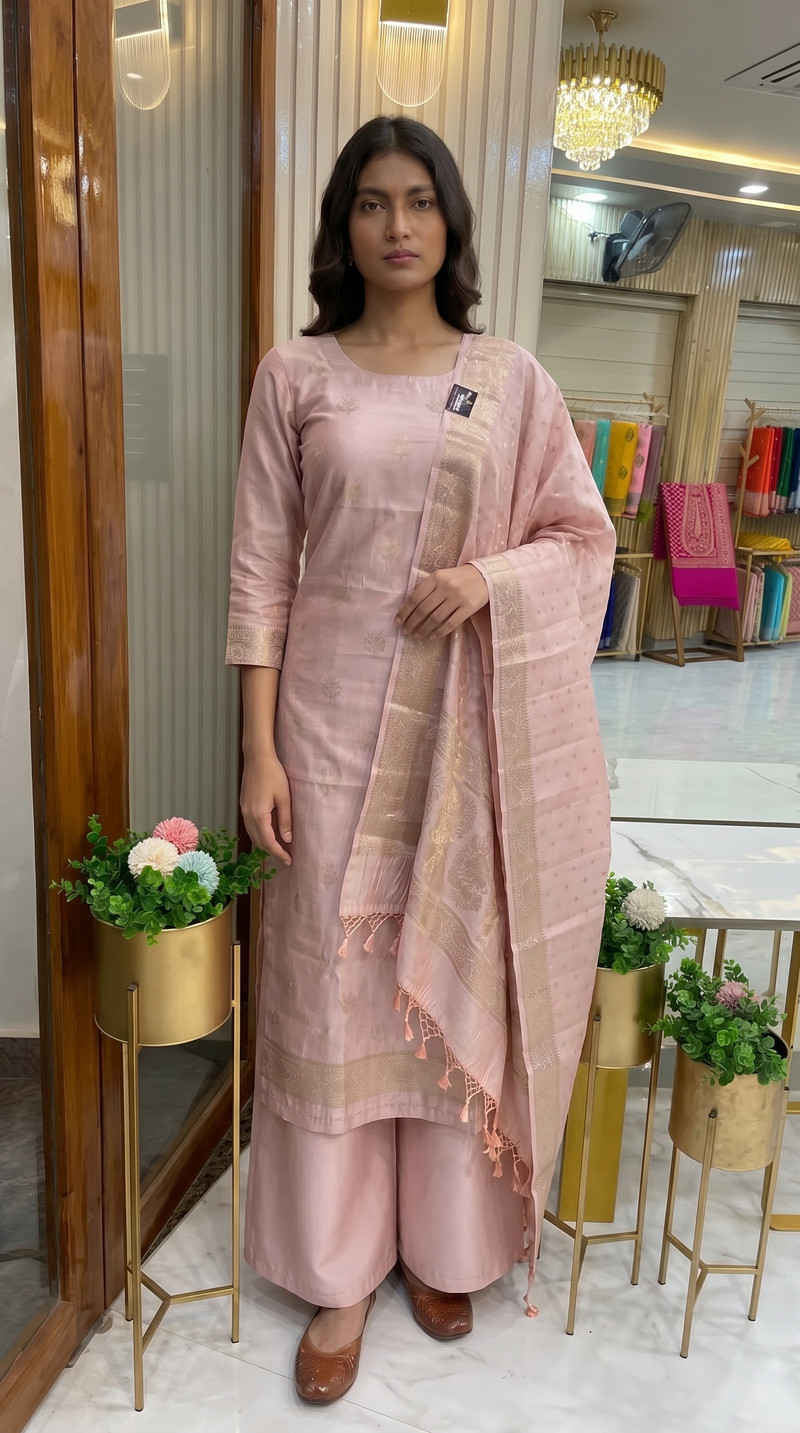 Onion Pink Pure Chiniya Silk Handlooms Banarasi Dress material