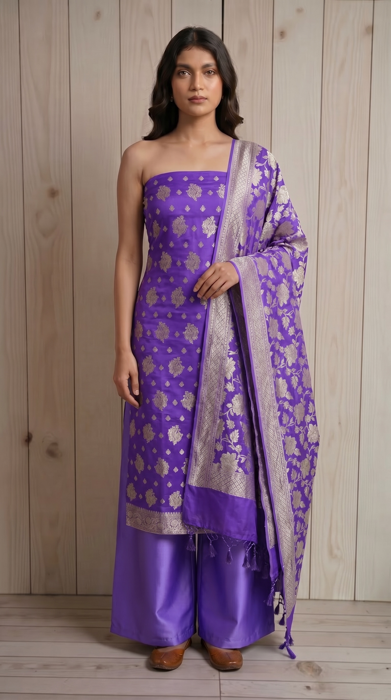 Lavender Khaddi Georgette Handlooms Banarasi Dress material