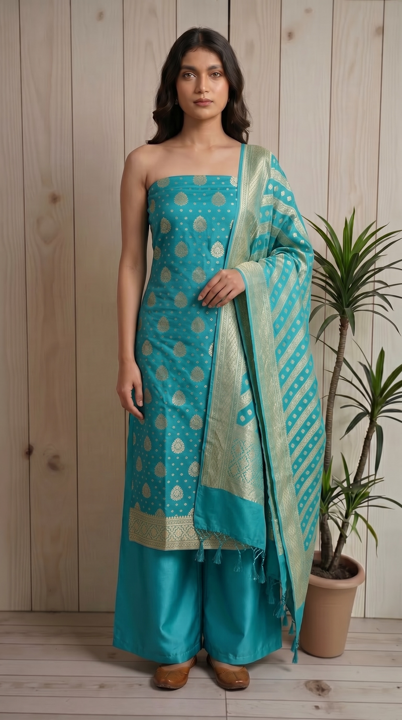 Turquoise Pure Khaddi Georgette Handlooms Banarasi Dress material