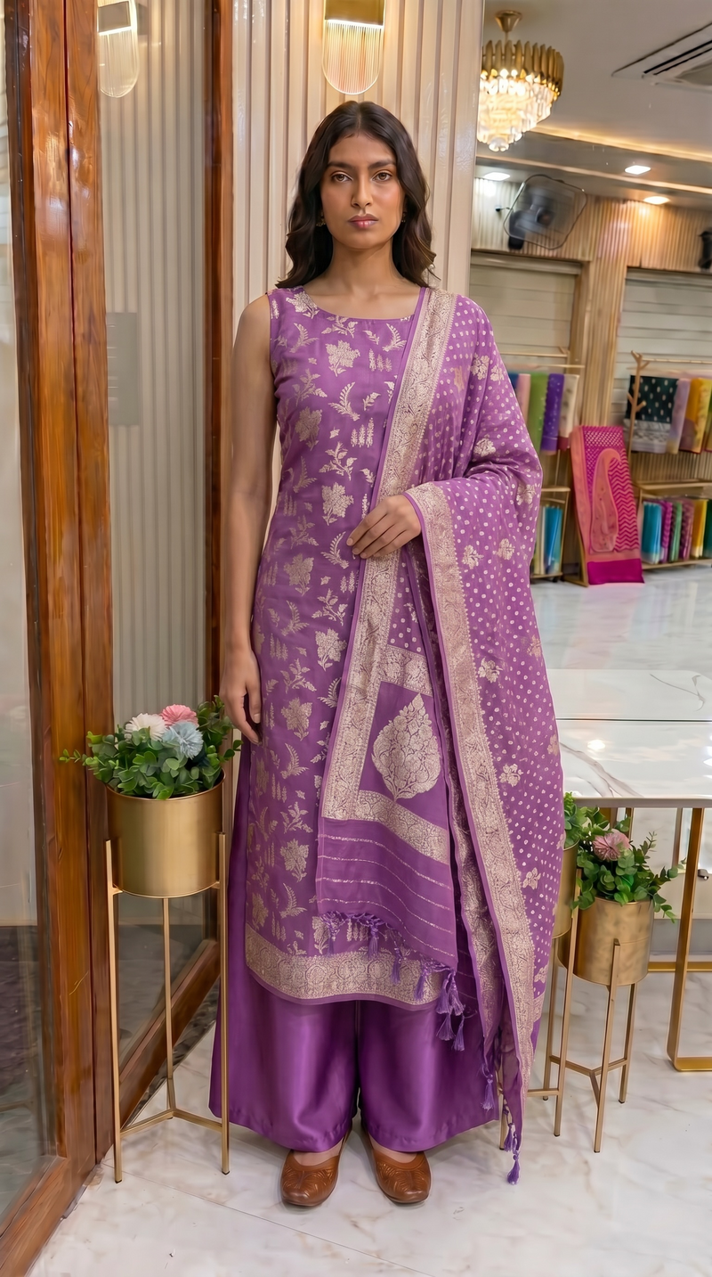 Lavender Pure Khaddi Georgette Banarasi Dress material