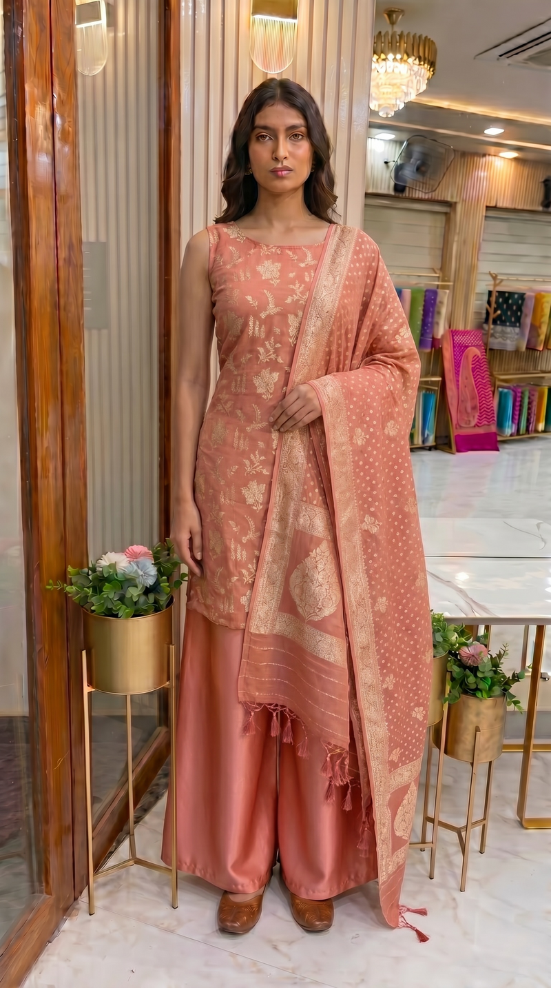 Peach Pure Khaddi Georgette Banarasi Dress material