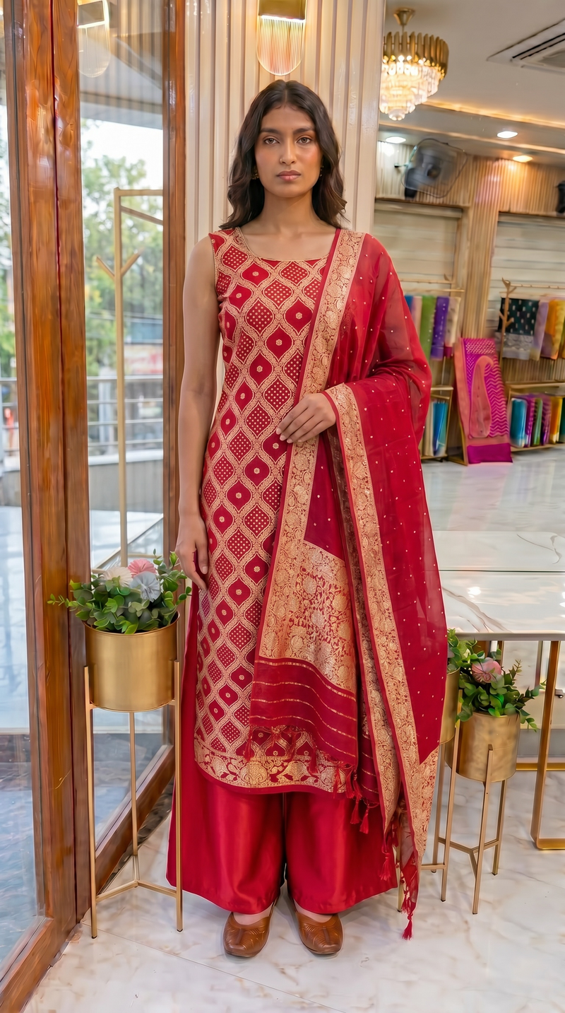 Red Pure Khaddi Georgette Banarasi Dress material