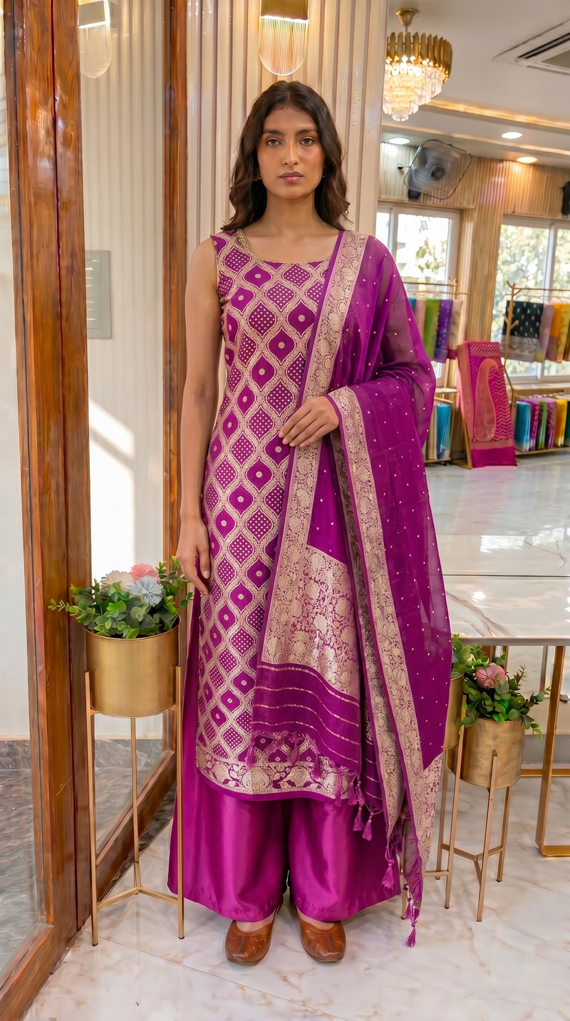 Hot Pink Pure Khaddi Georgette Banarasi Dress material
