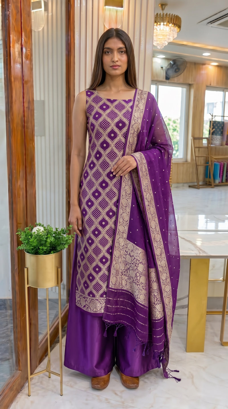Purple Pure Khaddi Georgette Banarasi Dress material