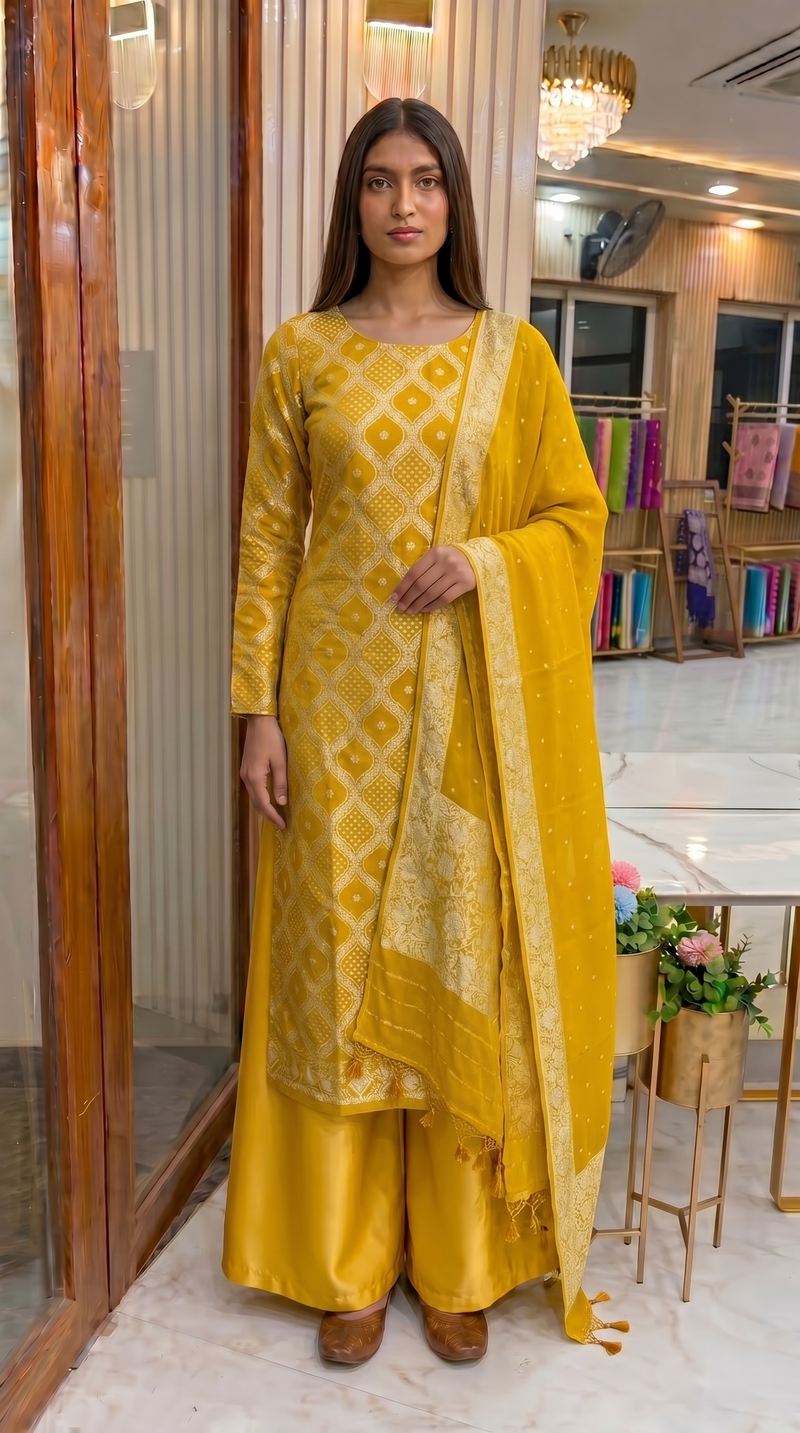 Mustard Yellow Pure Khaddi Georgette Banarasi Dress material