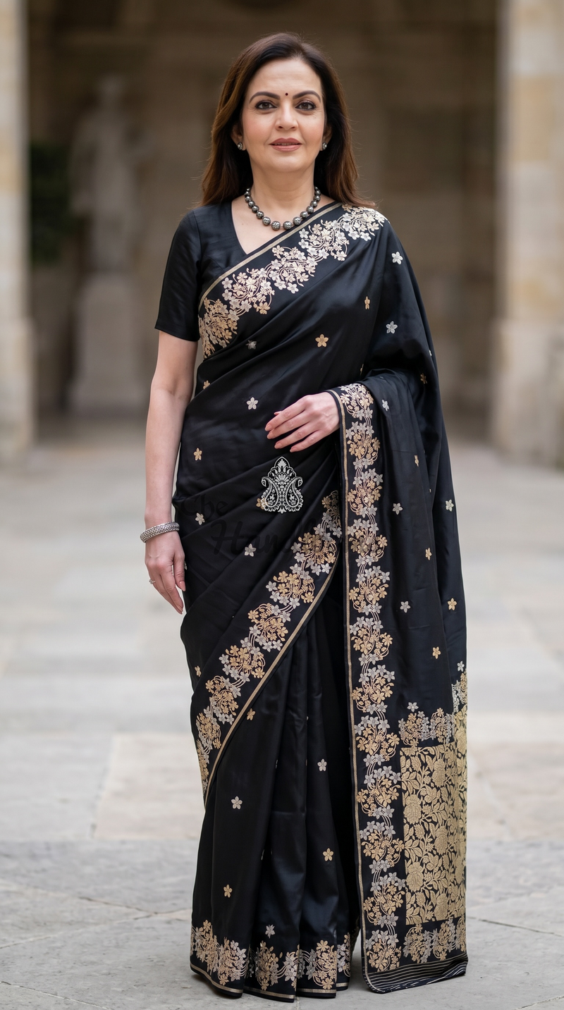 Nita Ambani in Black Pure Katan Silk Banarasi Handloom Saree - All Over Sona Roopa Motifs