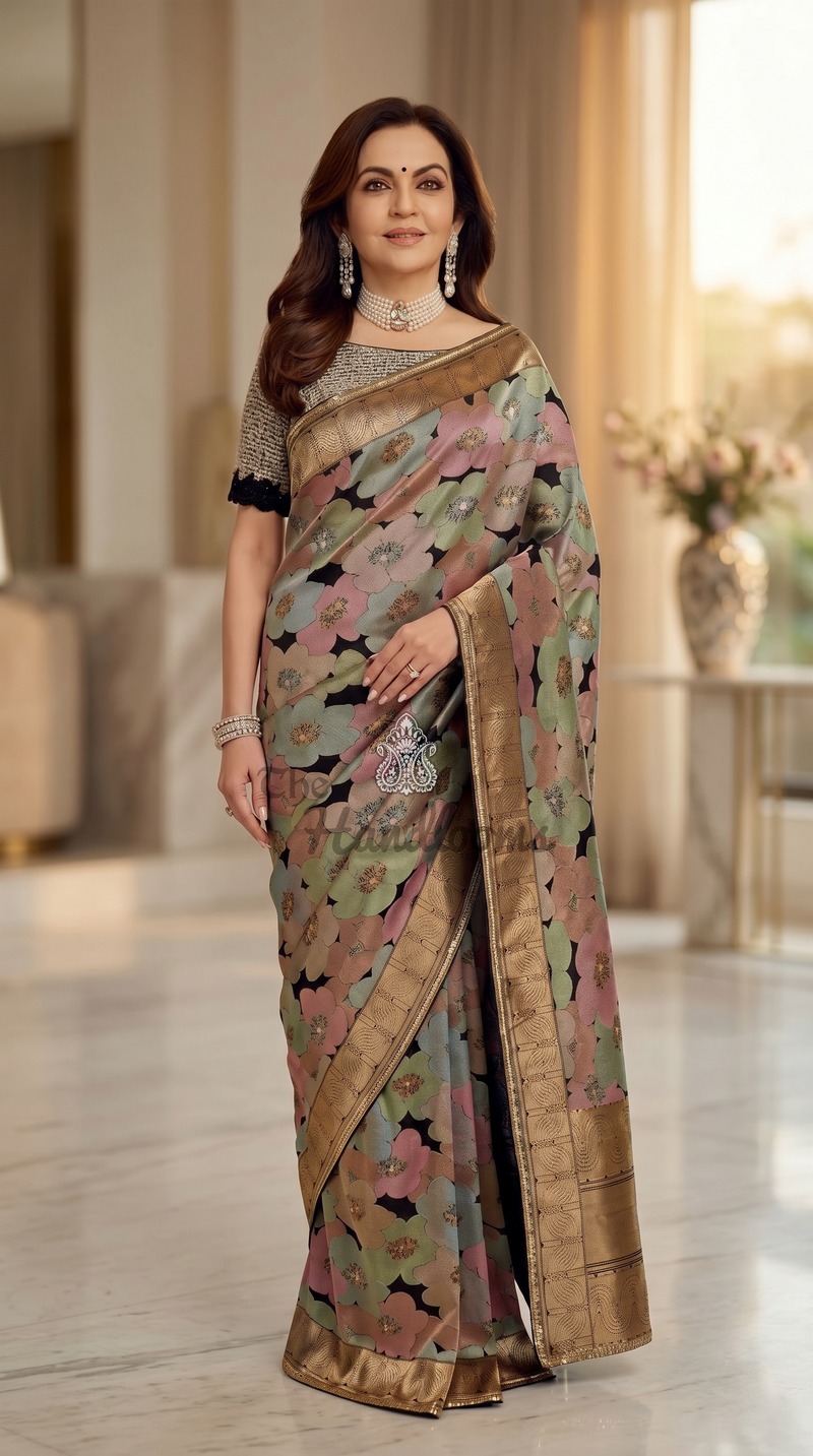 Nita Ambani in Pure Katan Silk Banarasi Handloom Saree - All over Floral Motifs with meenakari