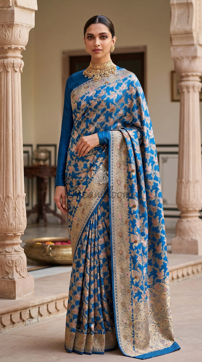 Deepika Padukonen in German Blue Pure Katan Silk Banarasi Handloom Saree - All over Jaal work with Meenakari