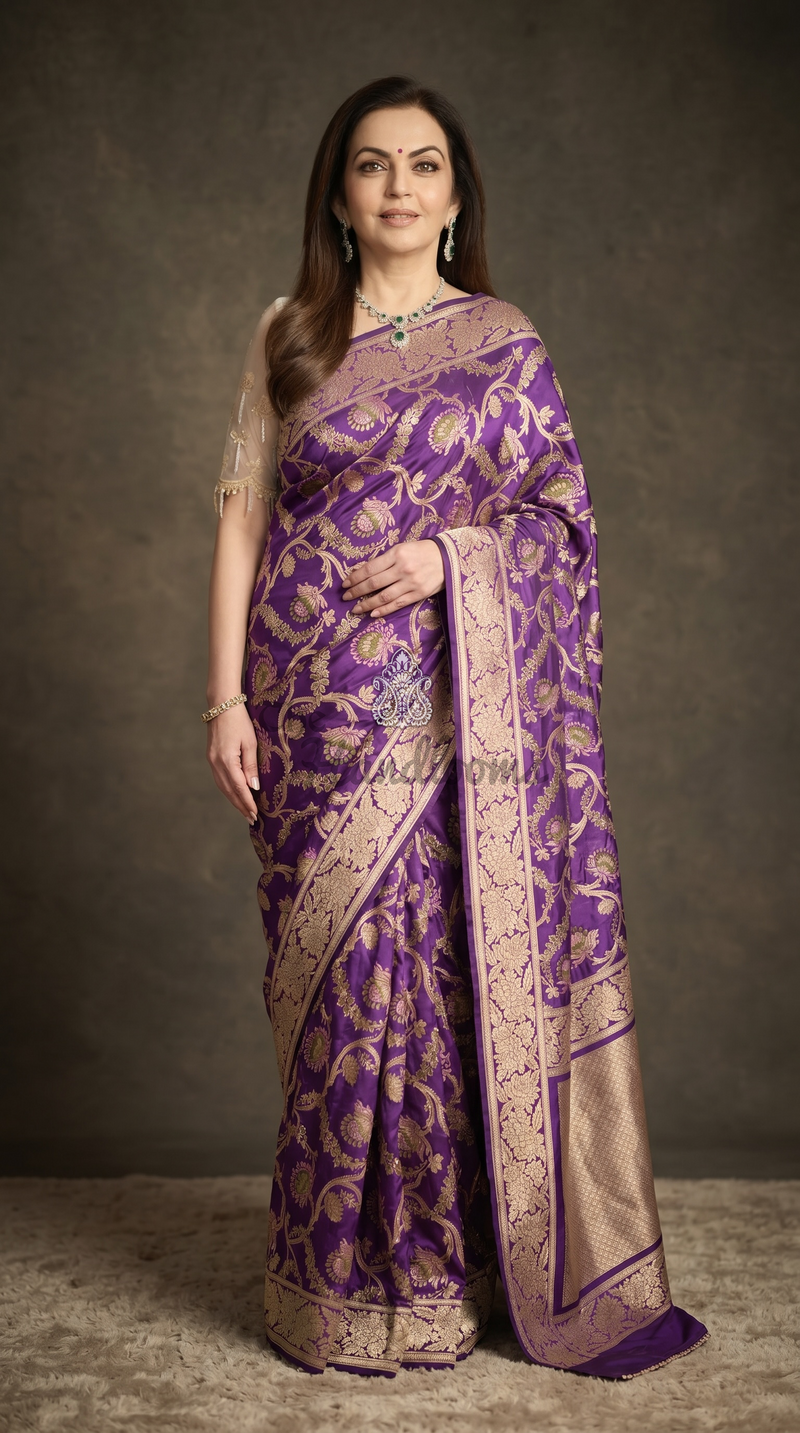 Nita Ambani in Pure Katan Silk Banarasi Handloom Saree - All over Jaal work with Meenakari