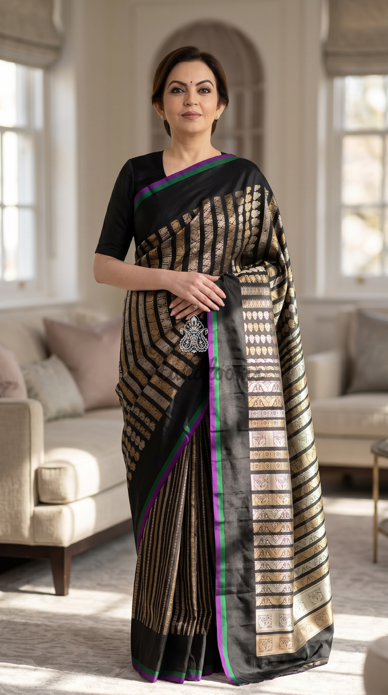 Nita Ambani Pure Katan Silk Banarasi Handloom Saree -  All Over Sona Roopa -Stripe