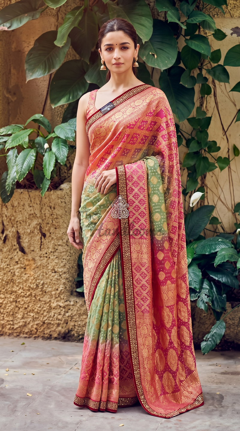 Alia Bhatt in Pure Khaddi Georgette Bandhej Banarasi Handloom Saree