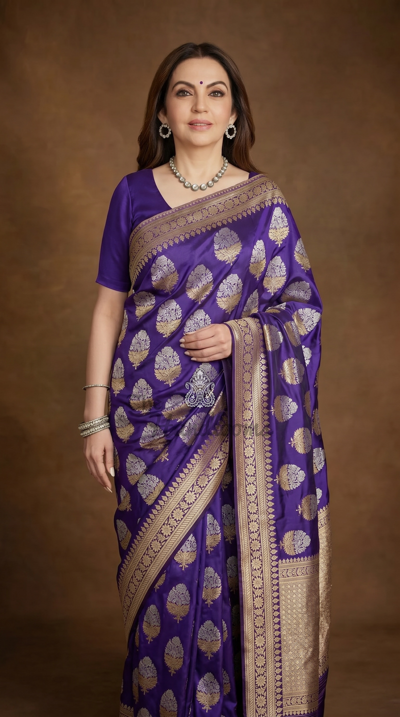 Nita Ambani in Purple Pure Katan Silk Banarasi Handloom Saree - All Over Sona Roopa Buta Work