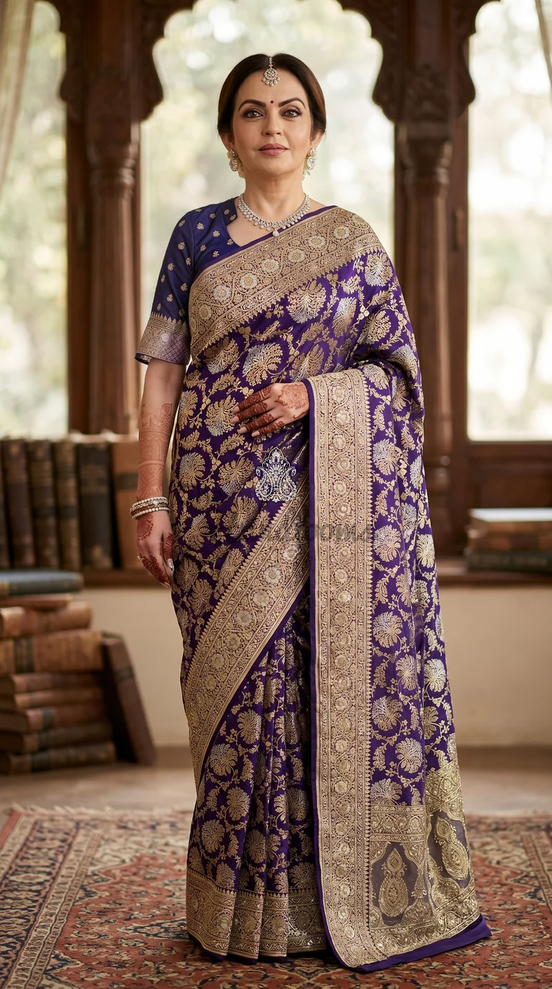 Nita Ambani Pure Katan Silk Banarasi Handloom Saree with Zardozi Gota Patti Handwork