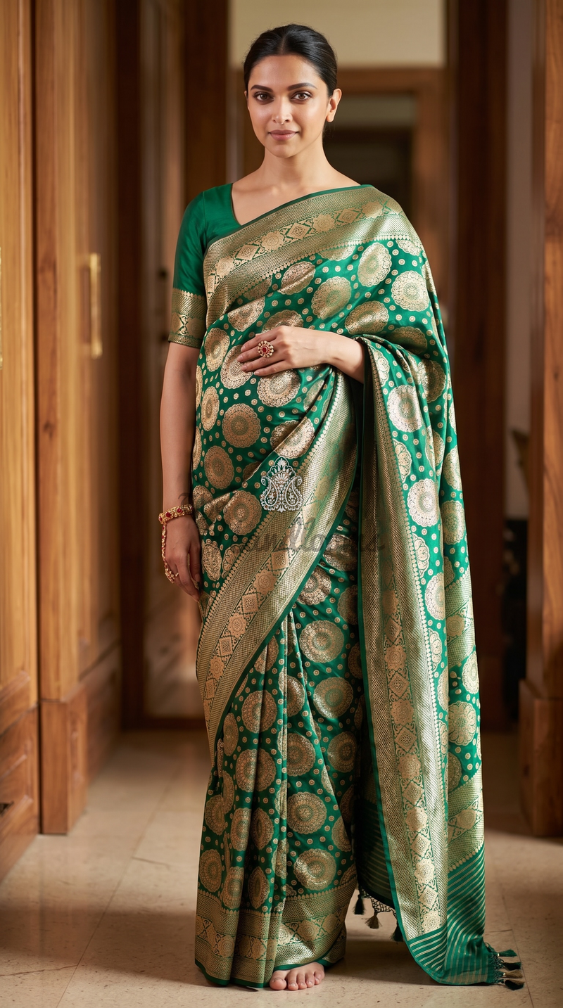 Deepika Padukone in Pure Katan Silk Banarasi Handloom Saree - All Over Gold Zari Jaal Work