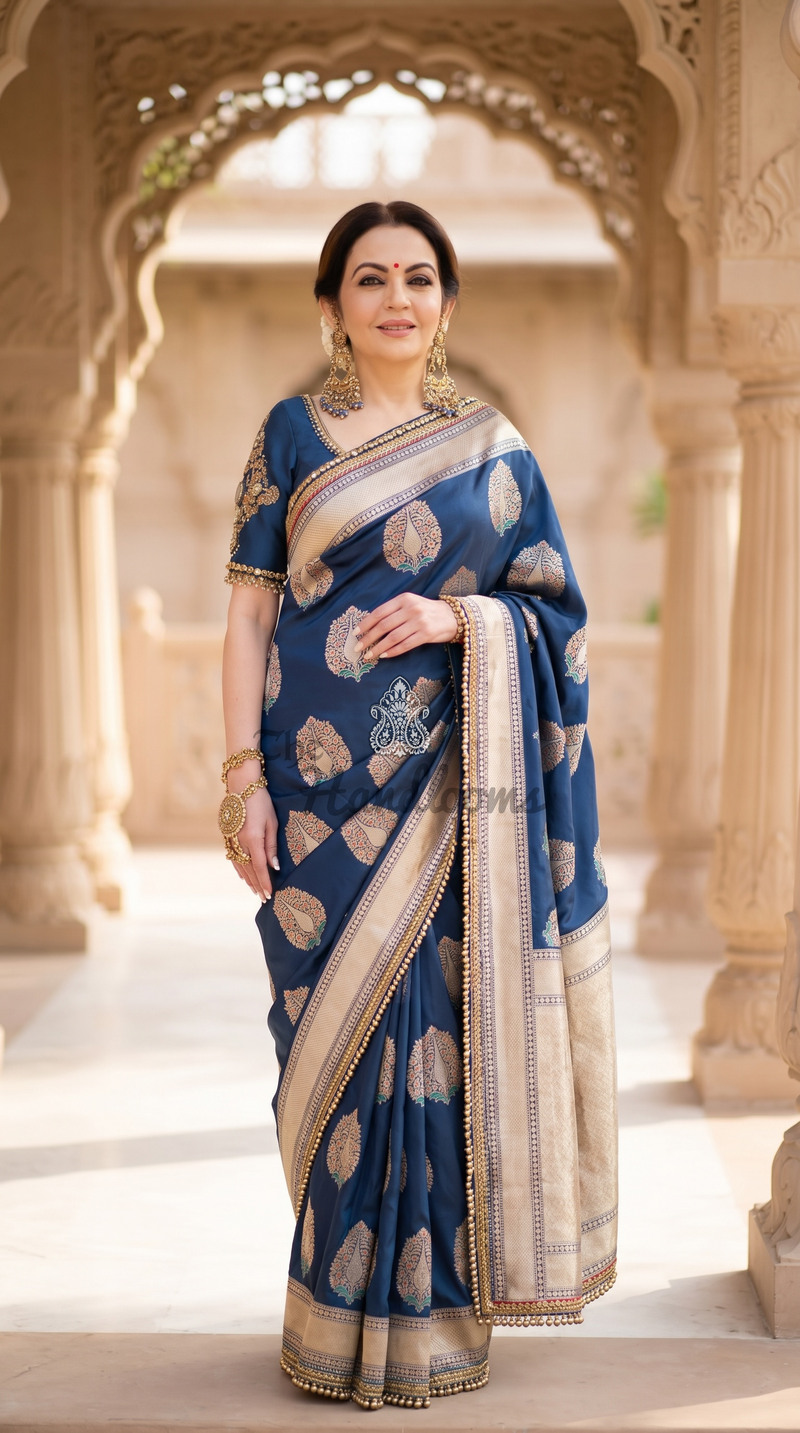 Nita Ambani Pure Katan Silk Banarasi Handloom Saree - All Over Boota With Zardosi Handwork