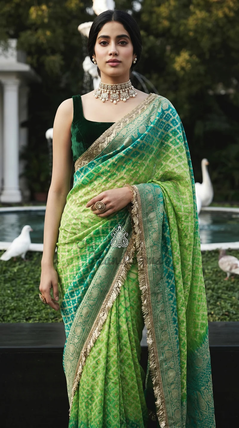 Janhvi Kapoor in Pure Khaddi Georgette Bandhej Banarasi Handloom Saree
