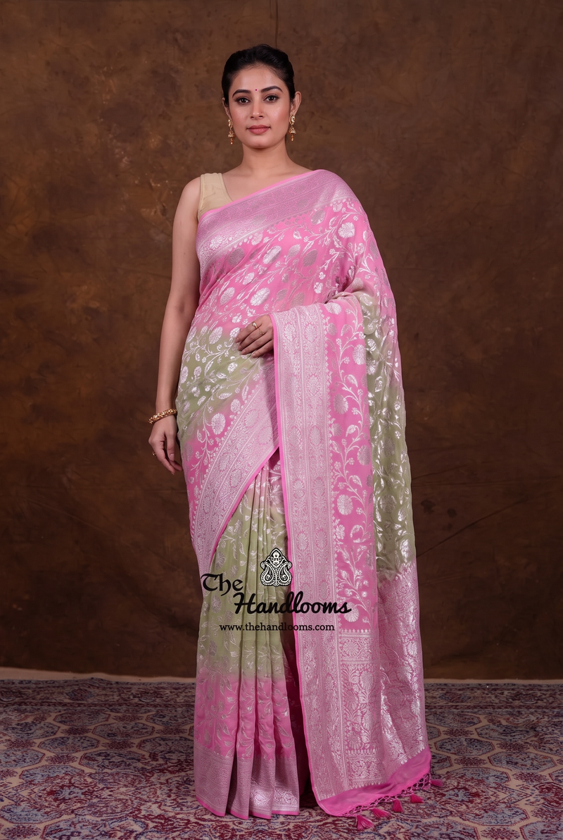Pure Khaddi Georgette Handloom Banarasi Saree - Silver Zari
