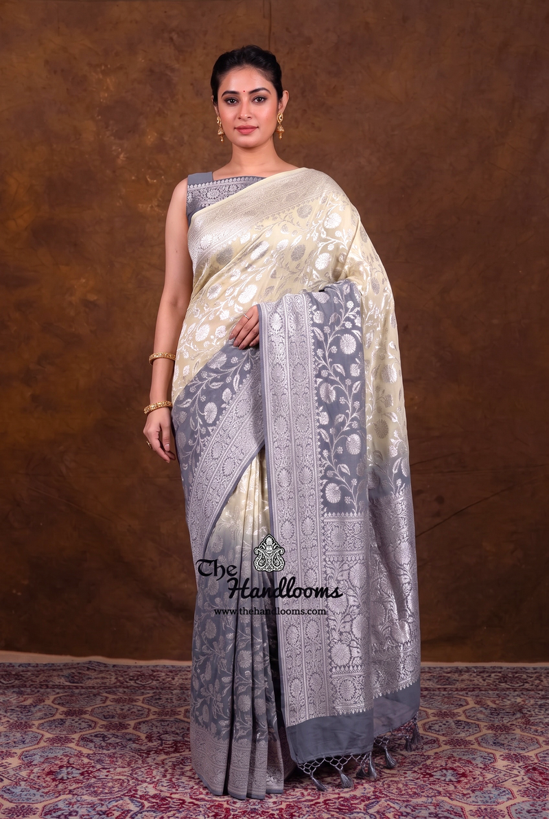 Pure Khaddi Georgette Handloom Banarasi Saree - Silver Zari