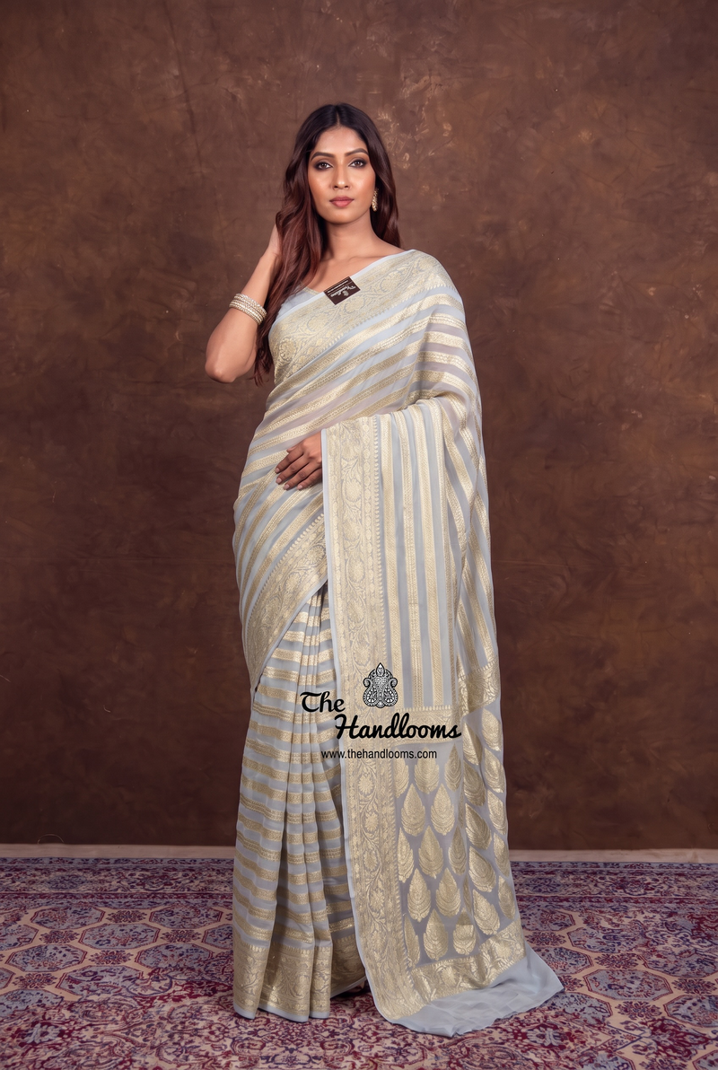 Grey Pure Khaddi Georgette Handloom Banarasi Saree - Water Zari