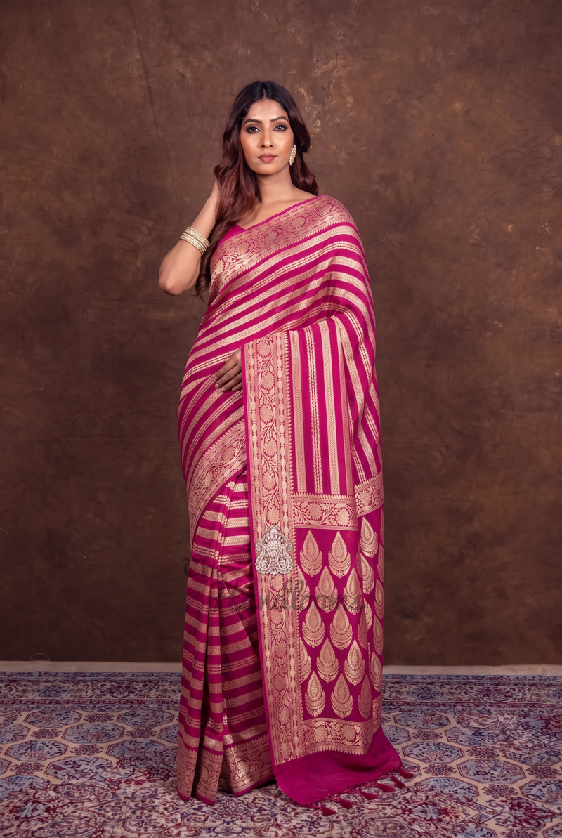 Hot Pink Khaddi Georgette Handloom Banarasi Saree - Water Zari