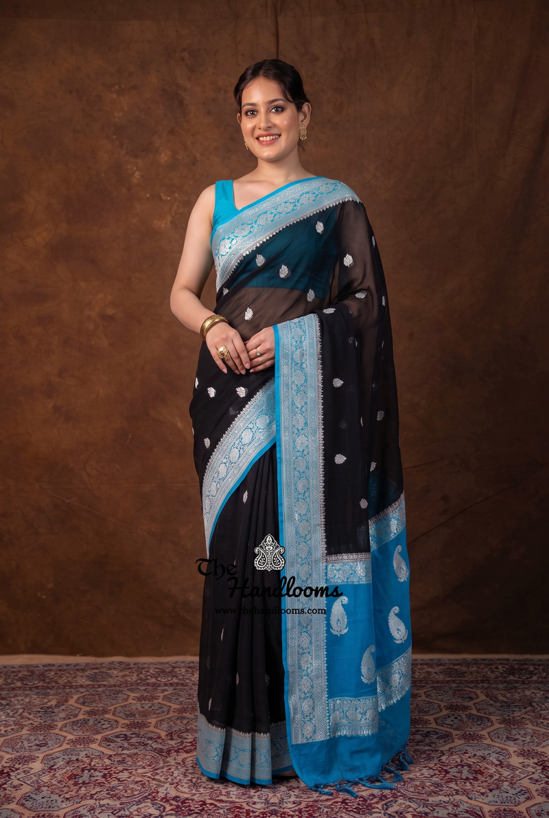 Black Pure Georgette Handloom Banarasi Saree - Silver Zari