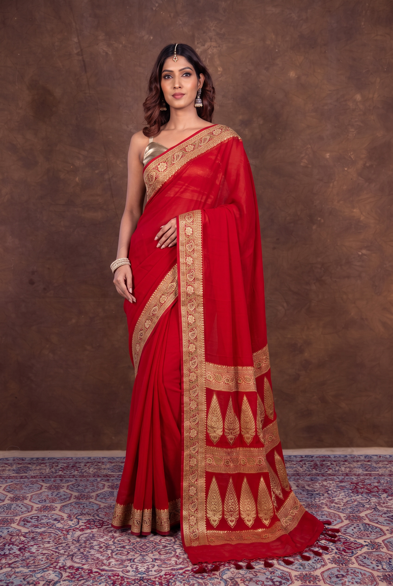 Red Pure Chiffon Khaddi Banarasi Saree