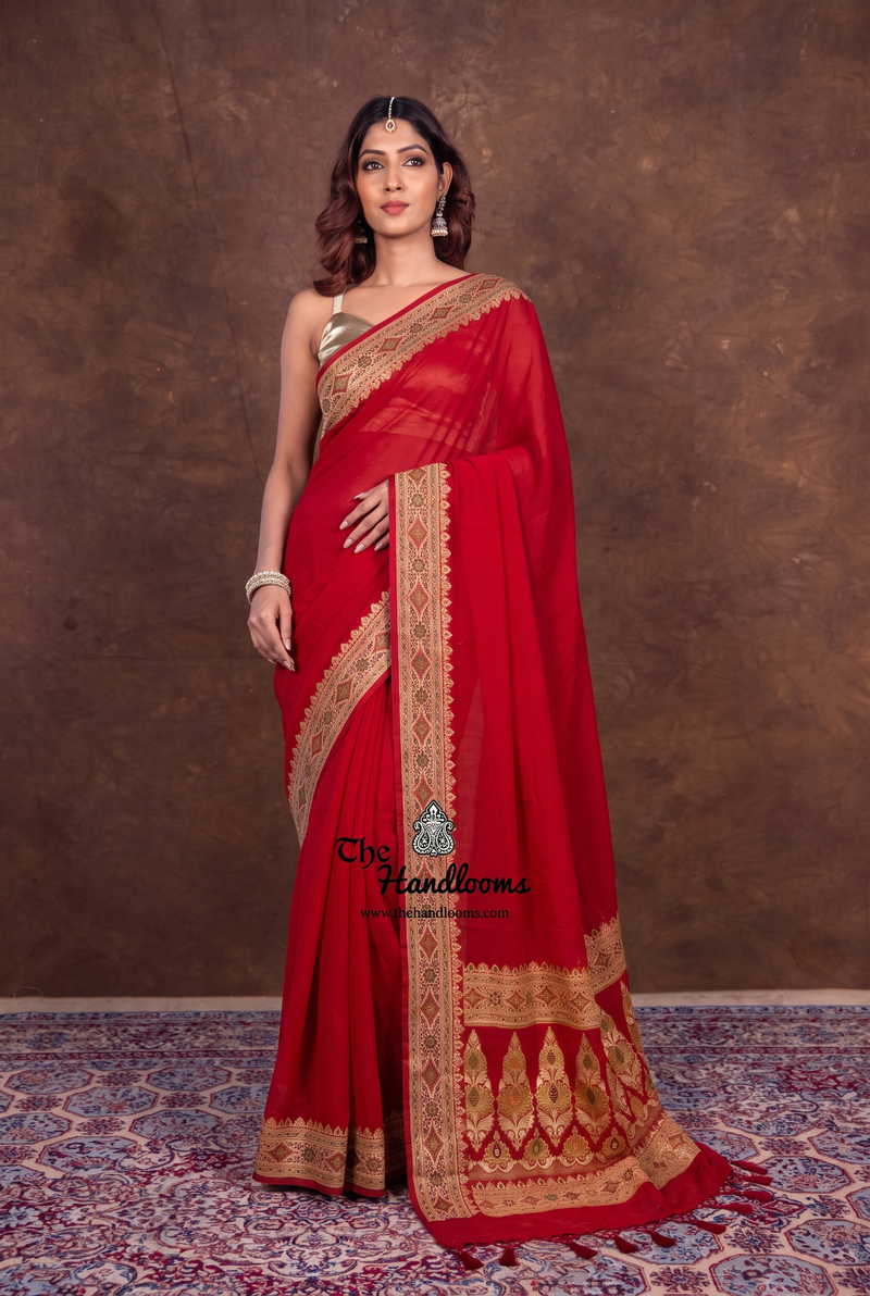 Red Pure Chiffon Khaddi Banarasi Saree