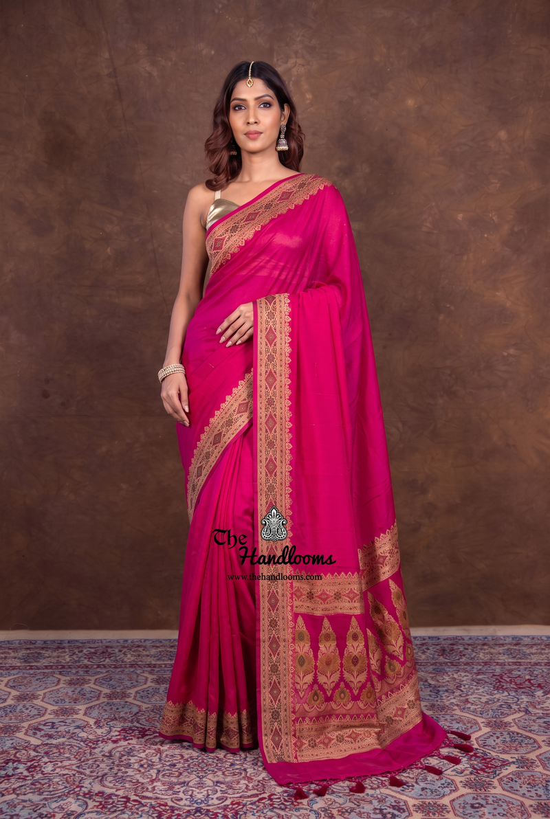 Hot Pink Pure Chiffon Khaddi Banarasi Saree