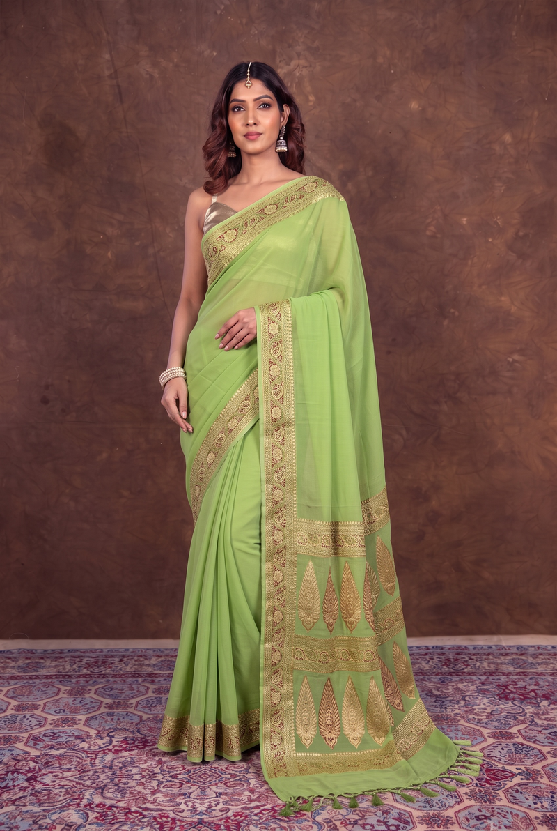 Pista Pure Chiffon Khaddi Banarasi Saree