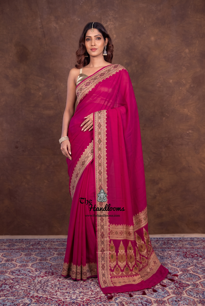 Hot Pink Pure Chiffon Khaddi Banarasi Saree