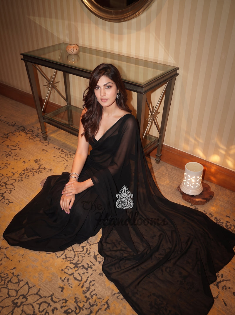 Rhea Chakraborty Inspired Pure Khaddi Georgette Handloom Banarasi Saree-Plain