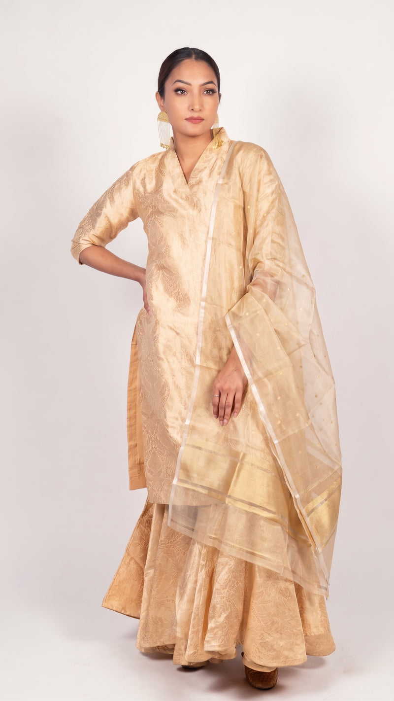 Cream Pure Katan Silk Brocade Kurta Sharara Set with Kora Silk Dupatta