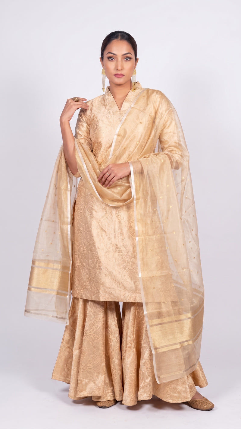 Cream Pure Katan Silk Brocade Kurta Sharara Set with Kora Silk Dupatta