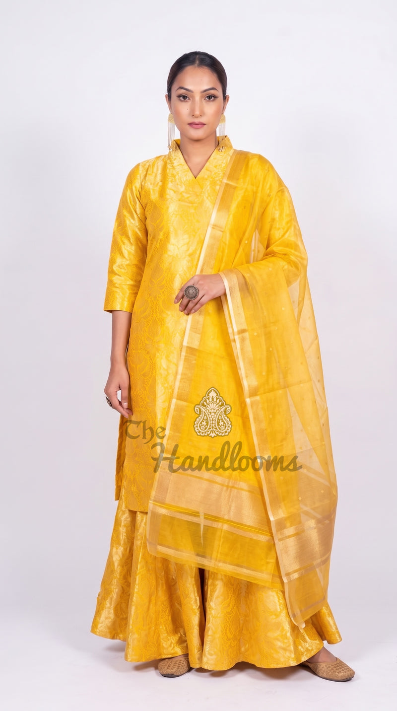 Yellow Pure Katan Silk Brocade Kurta with Sharara