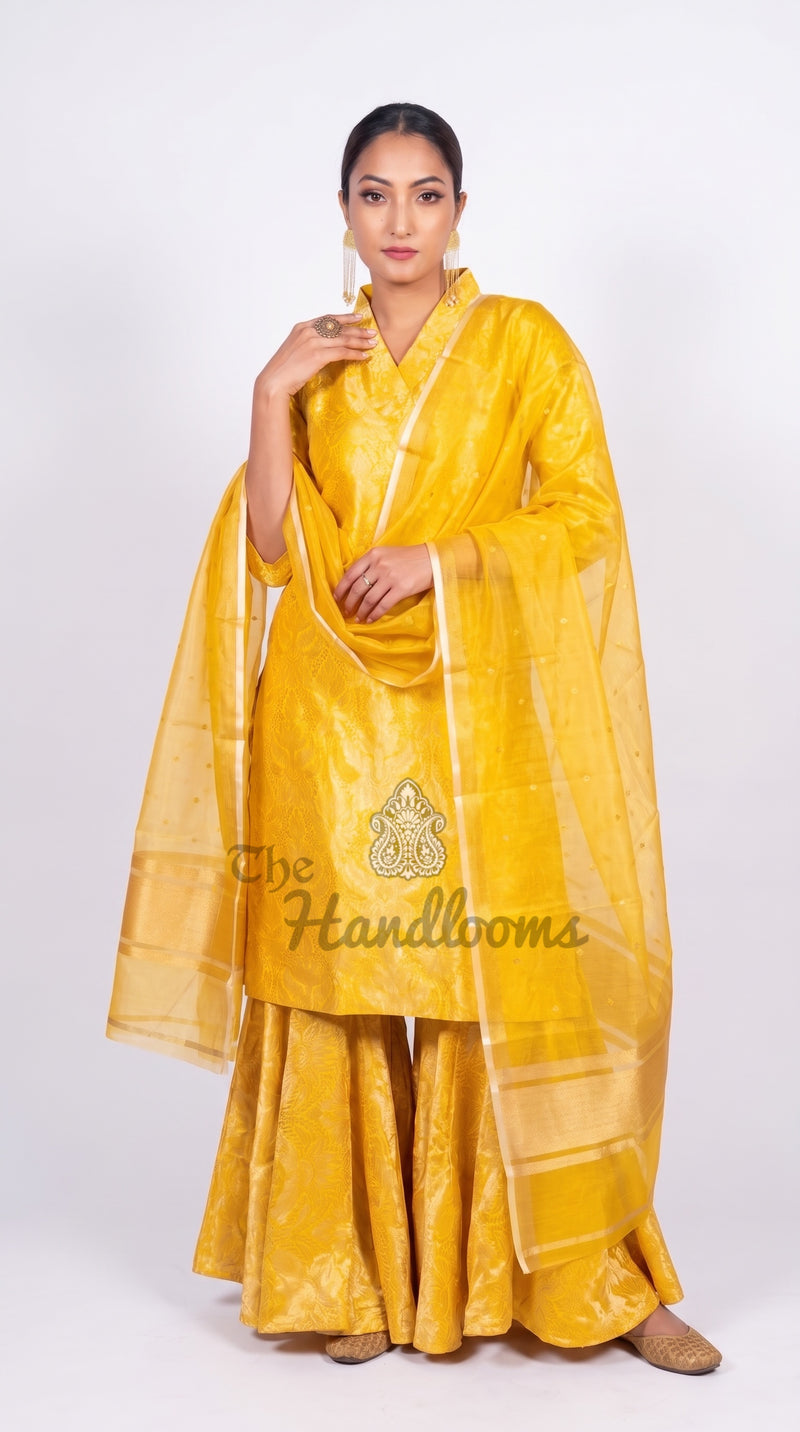 Yellow Pure Katan Silk Brocade Kurta with Sharara