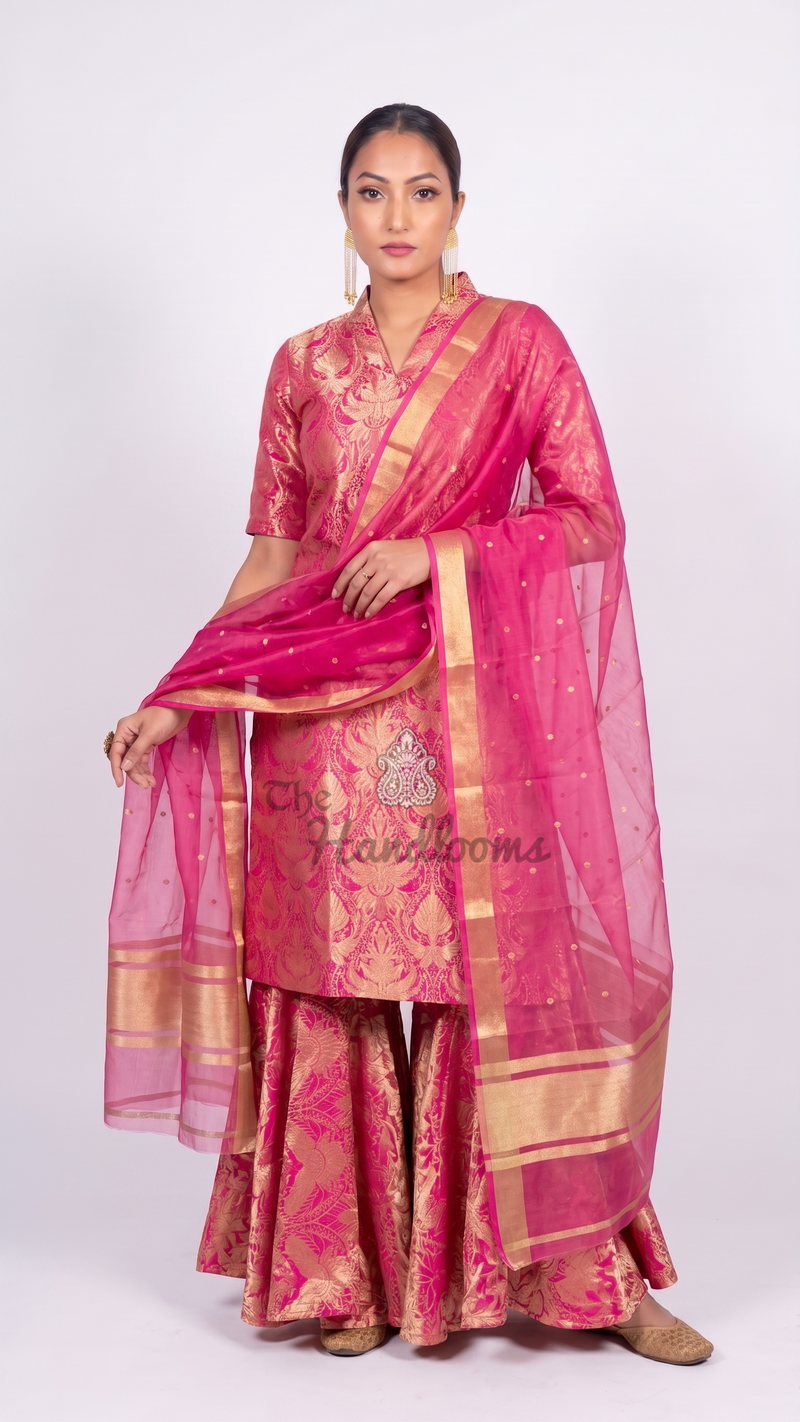Hot Pink Pure Katan Silk Brocade Kurta with Sharara