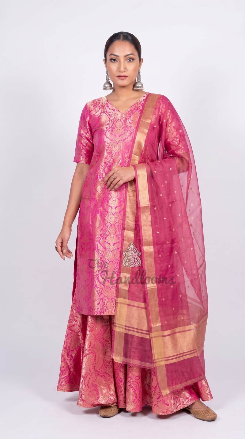 Hot Pink Pure Katan Silk Brocade Kurta with Sharara