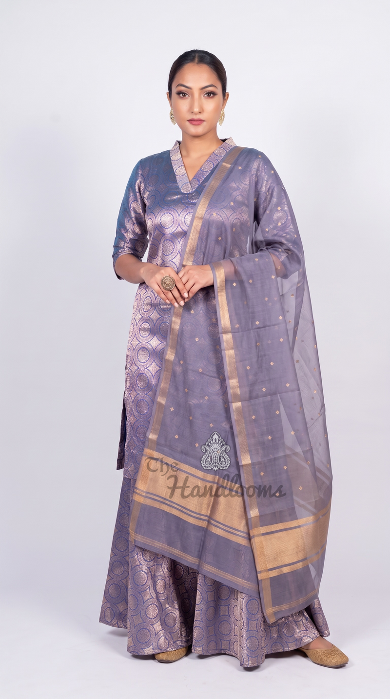 Purple Pure Katan Silk Brocade Kurta Sharara Set with Pure Kora Silk Dupatta