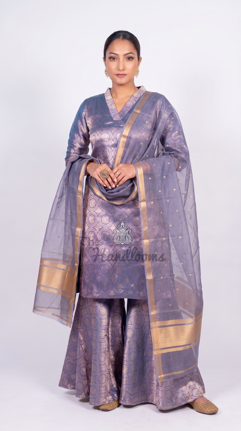 Purple Pure Katan Silk Brocade Kurta Sharara Set with Pure Kora Silk Dupatta