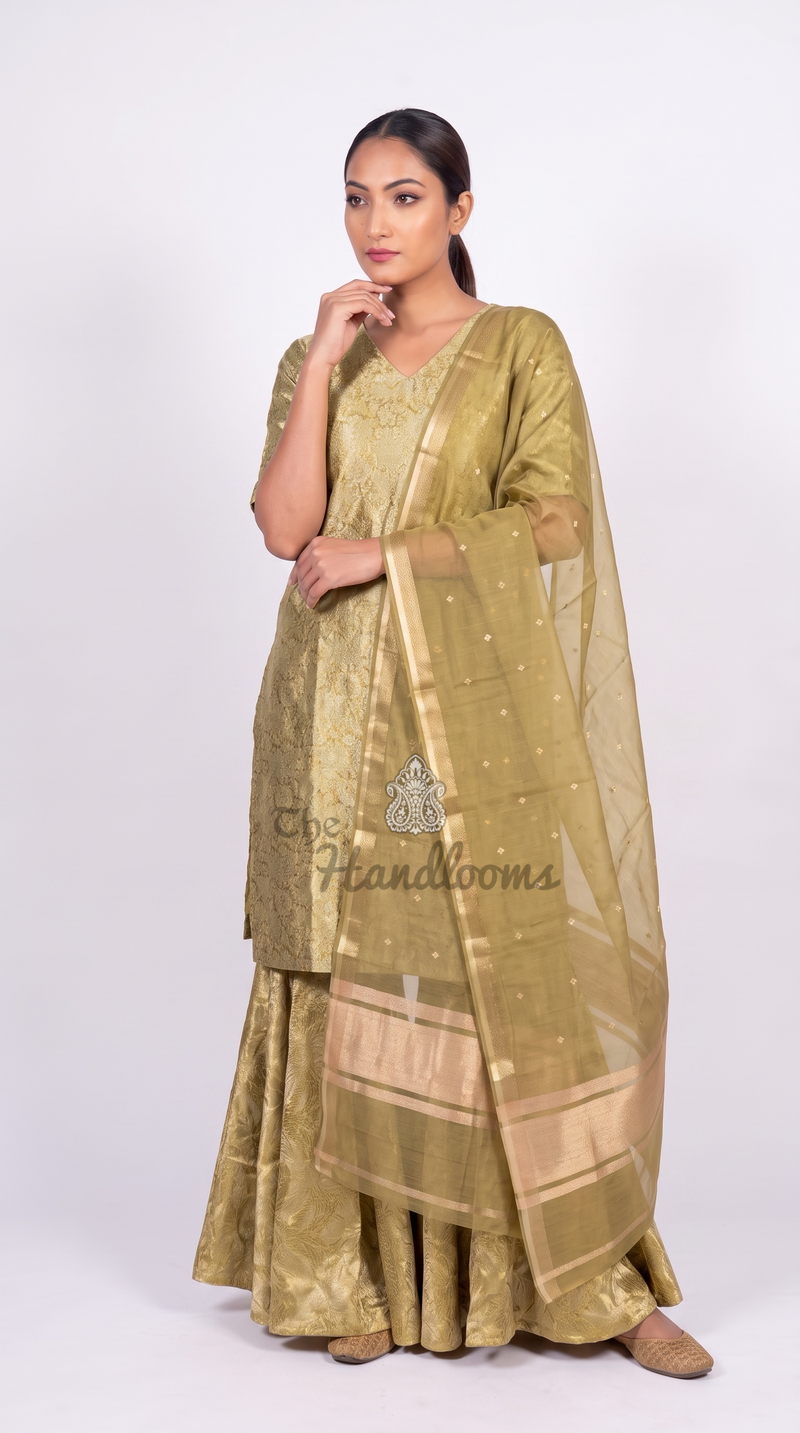 Pista Pure Katan Silk Brocade Kurta with Sharara