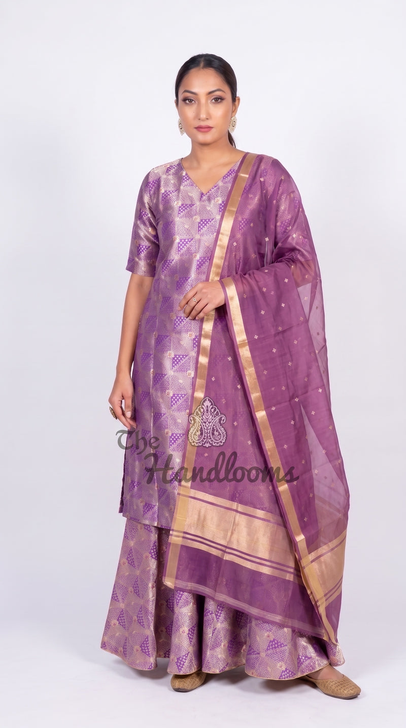 Purple Pure Katan Silk Brocade Kurta with Sharara