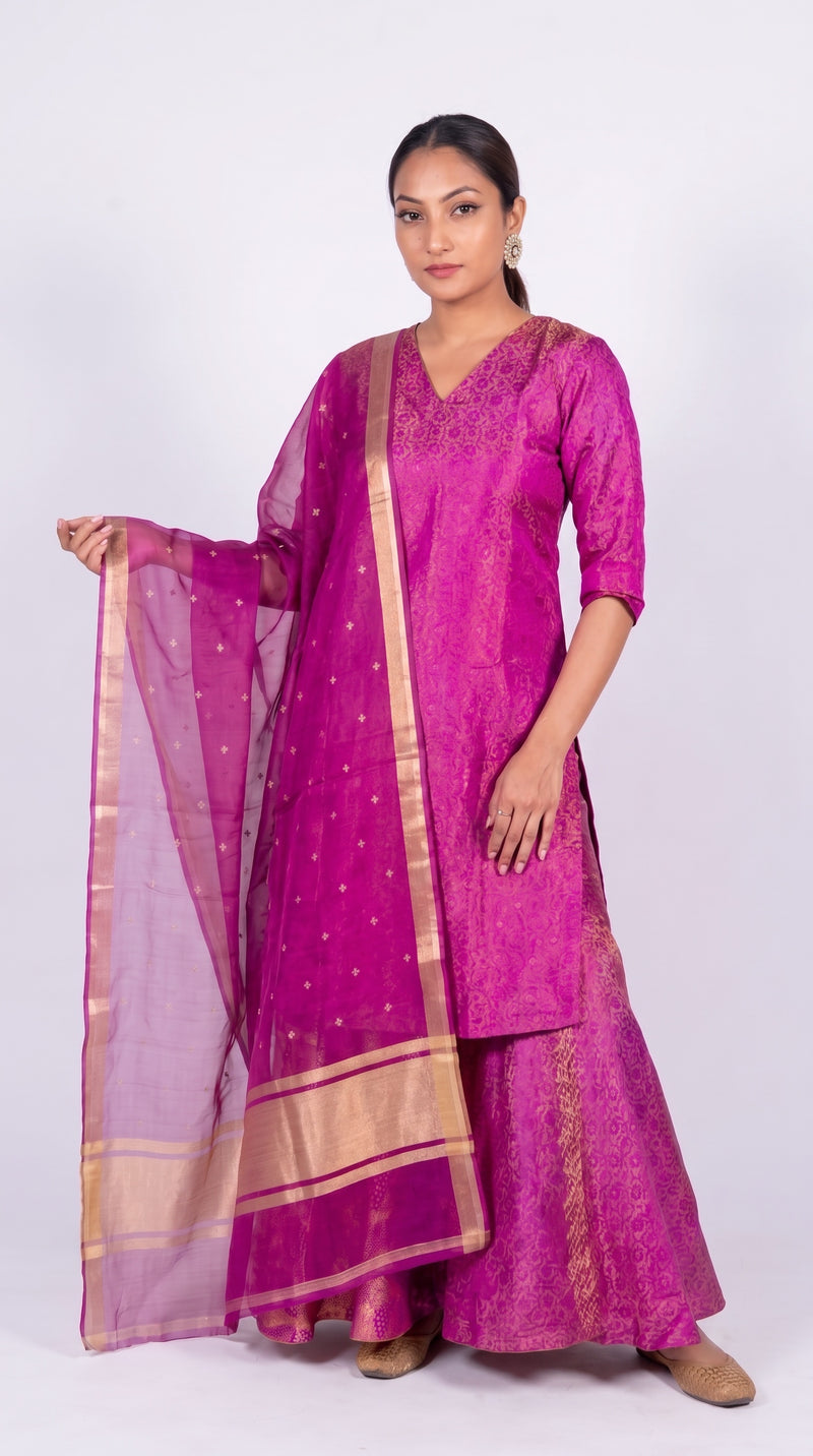 Magenta Pure Katan Silk Brocade Kurta with Sharara